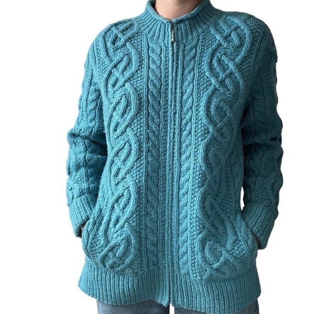 Vintage Womens Teal Blue 100% Wool Chunky Fisherman Celtic Cardigan Sz L - Picture 2 of 6
